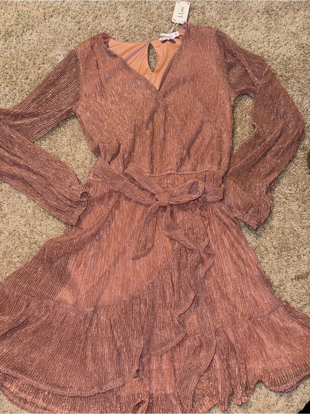 L Love Rose Metallic Wrap-Style Long Sleeve Dress